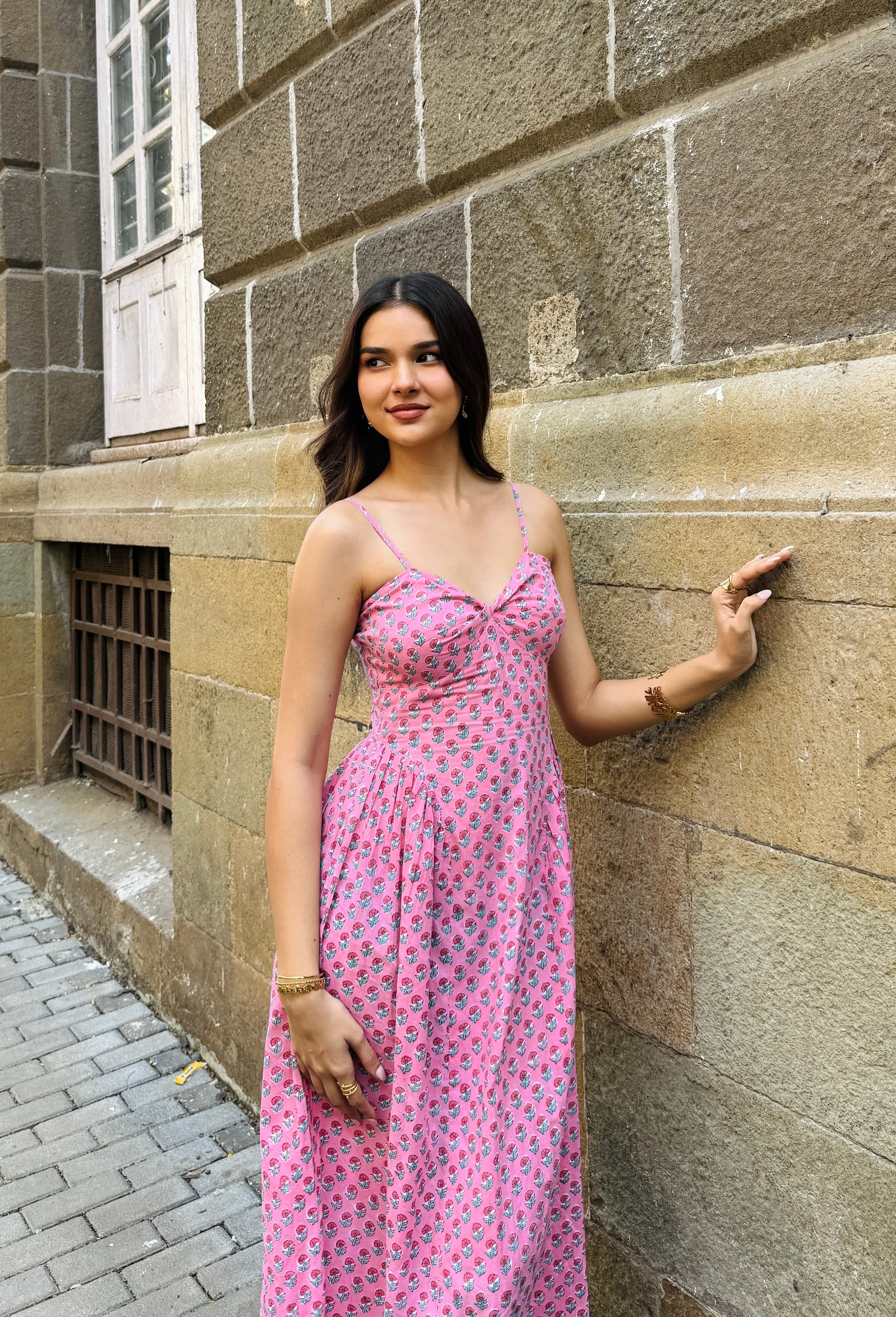 Pink Floral Side-Gathered Maxi Dress with Spaghetti Straps Beat the October Heat