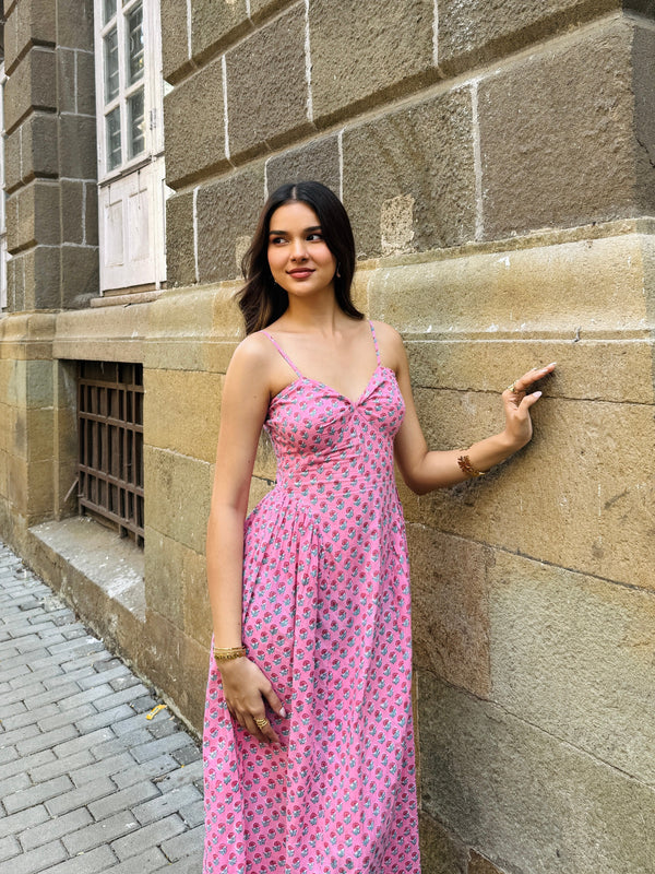 Pink Floral Side-Gathered Maxi Dress with Spaghetti Straps Beat the October Heat