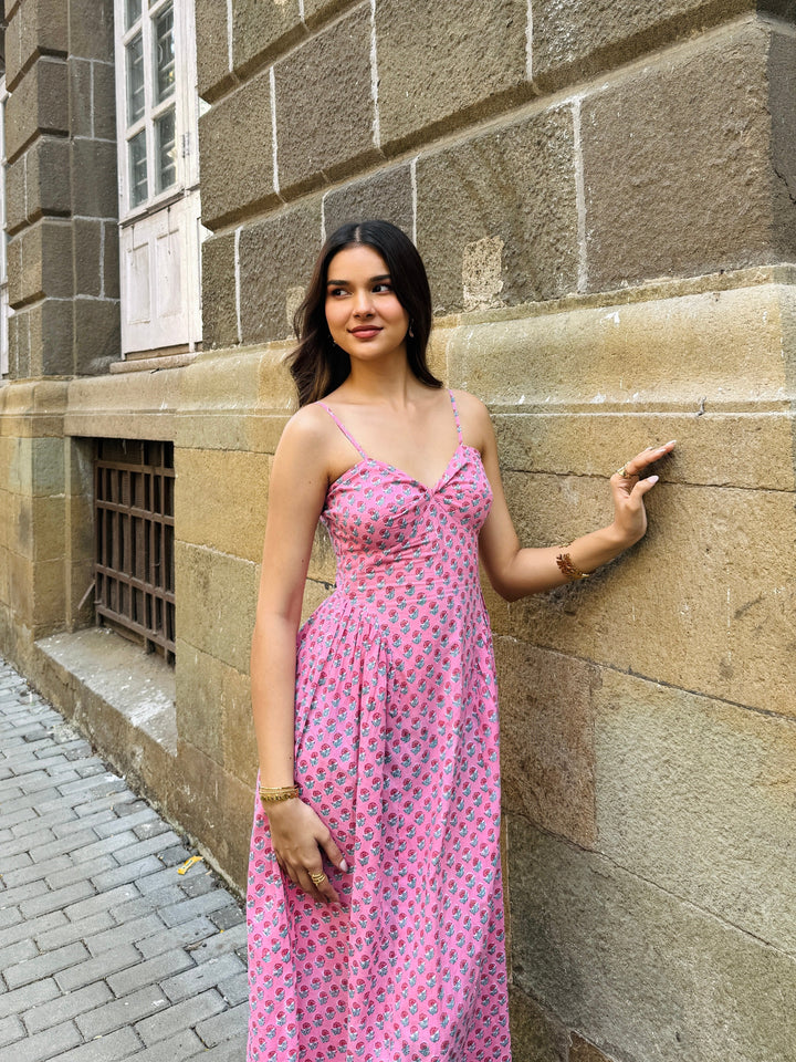 Pink Floral Side-Gathered Maxi Dress with Spaghetti Straps Beat the October Heat