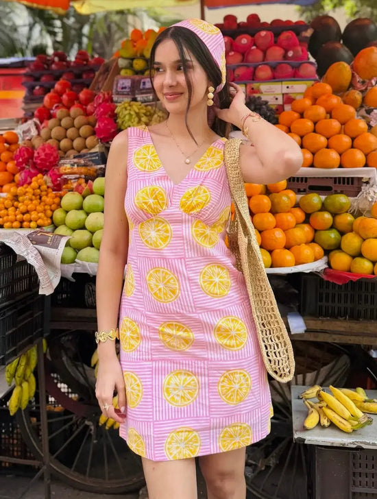 Pink And Yellow Lemon Print Cotton A-Line Short Summer Dress with Back Tie-Up AMARAA