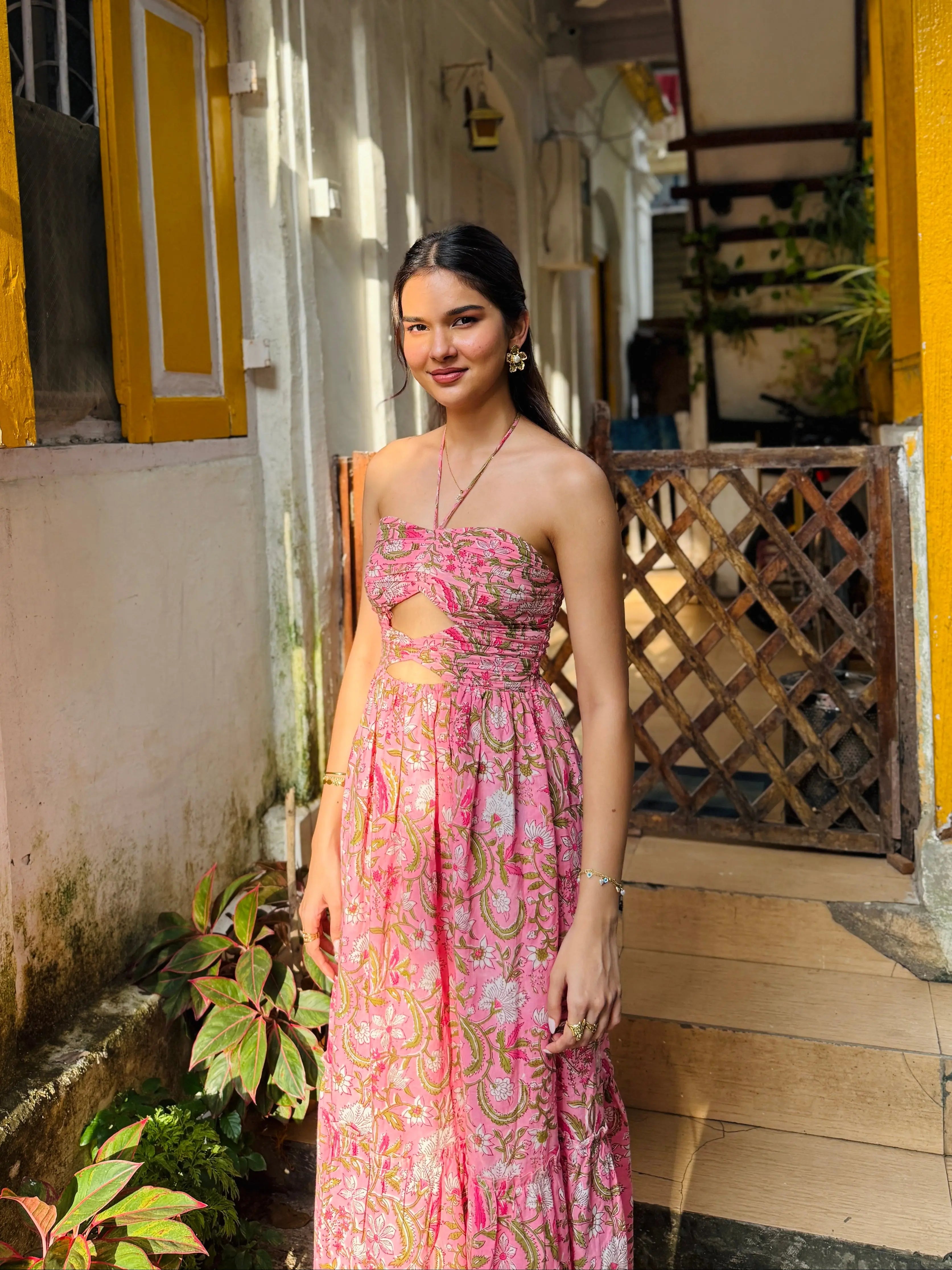 Pink and Green Floral Printed Maxi Dress with Front Cut-Outs Beat the October Heat