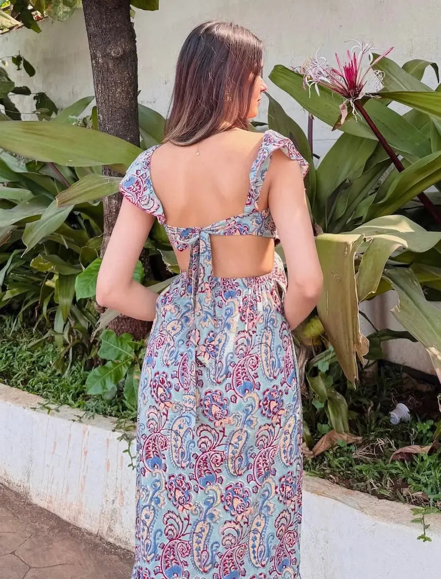 Sky Blue Paisley Cotton Maxi Dress with Waist Cutout & Frill Detailing AMARAA