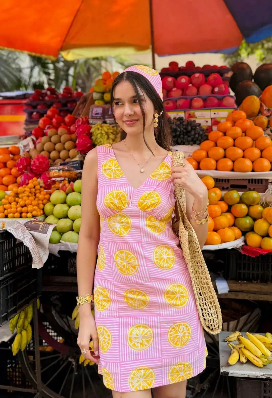 Pink And Yellow Lemon Print Cotton A-Line Short Summer Dress with