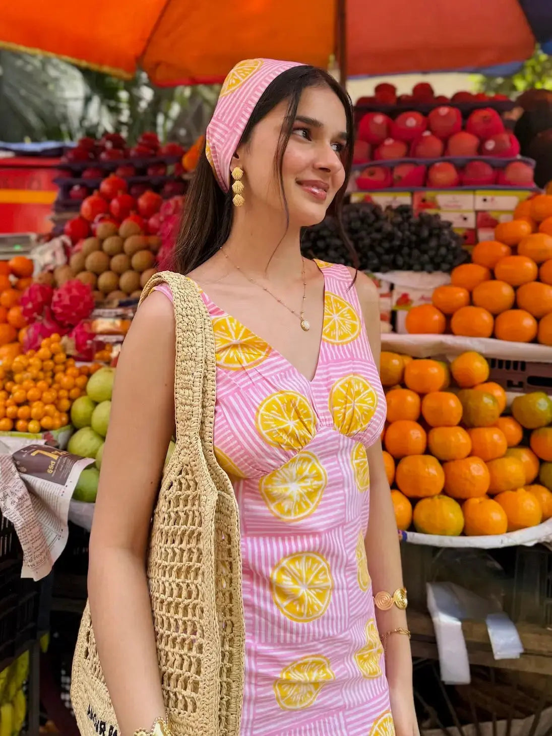 Pink And Yellow Lemon Print Cotton A-Line Short Summer Dress with Back Tie-Up AMARAA