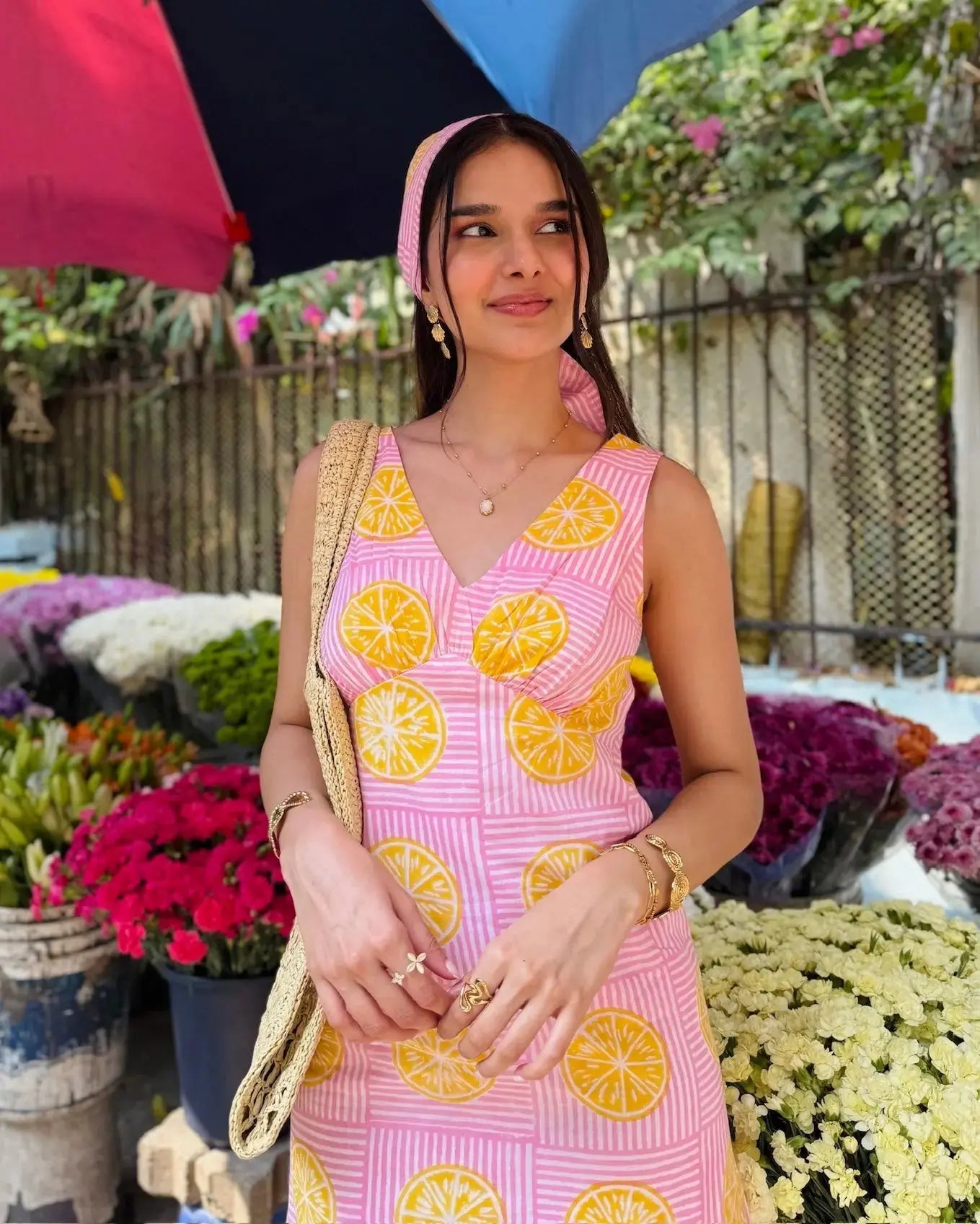 Pink And Yellow Lemon Print Cotton A-Line Short Summer Dress with Back Tie-Up AMARAA