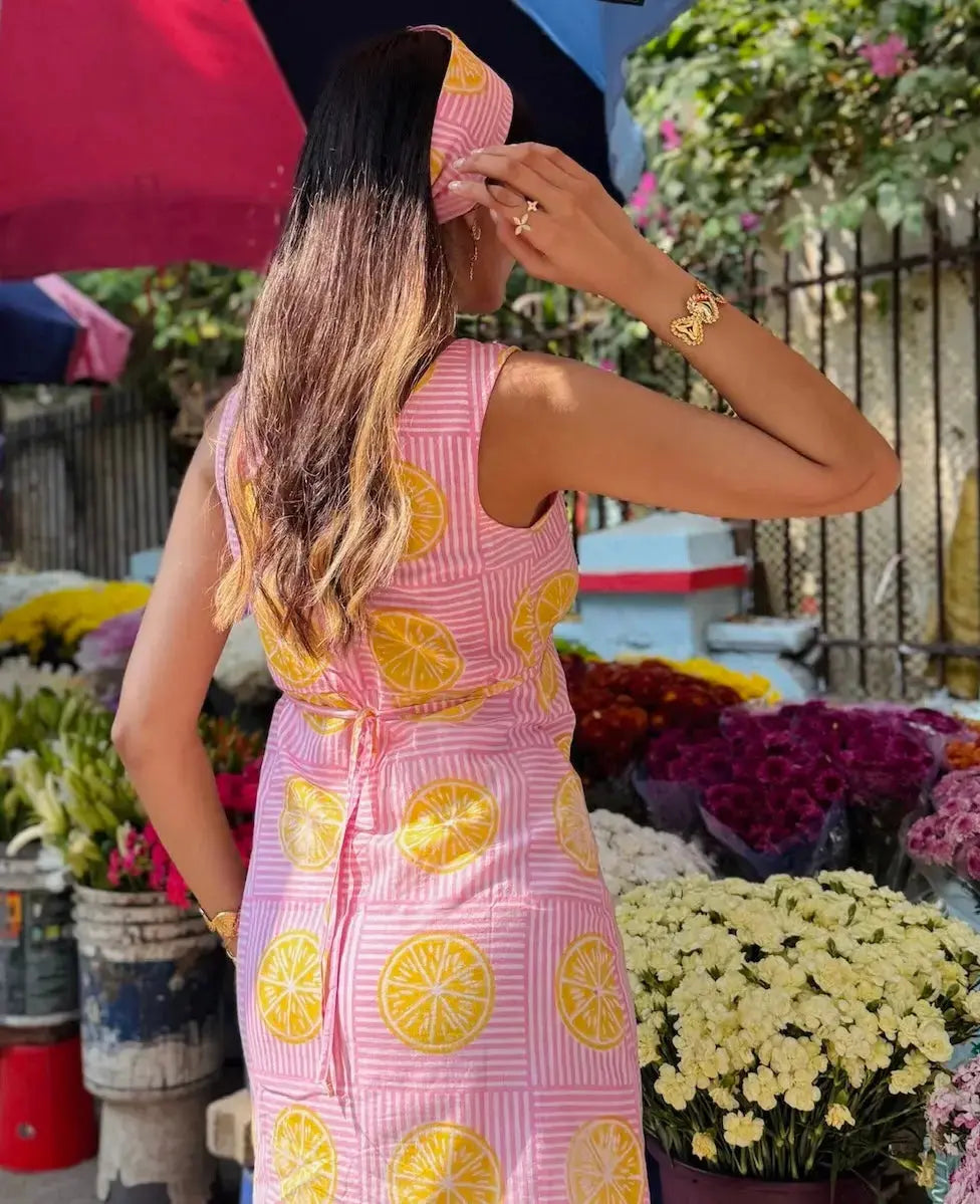 Pink And Yellow Lemon Print Cotton A-Line Short Summer Dress with Back Tie-Up AMARAA