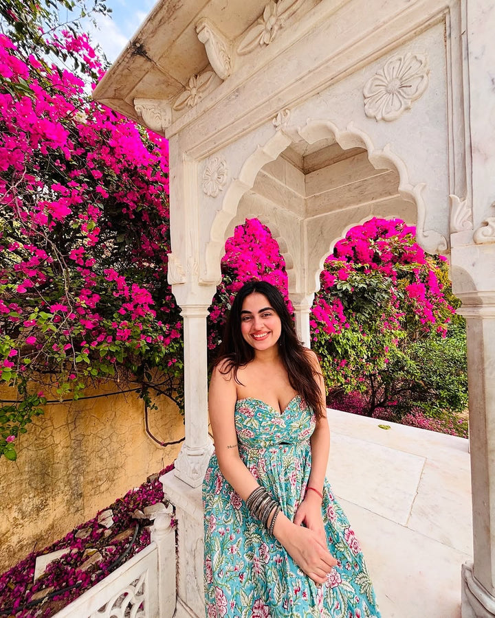 Green Tropical Floral Print Cotton Tube Dress with Pocket SpringSummer'24