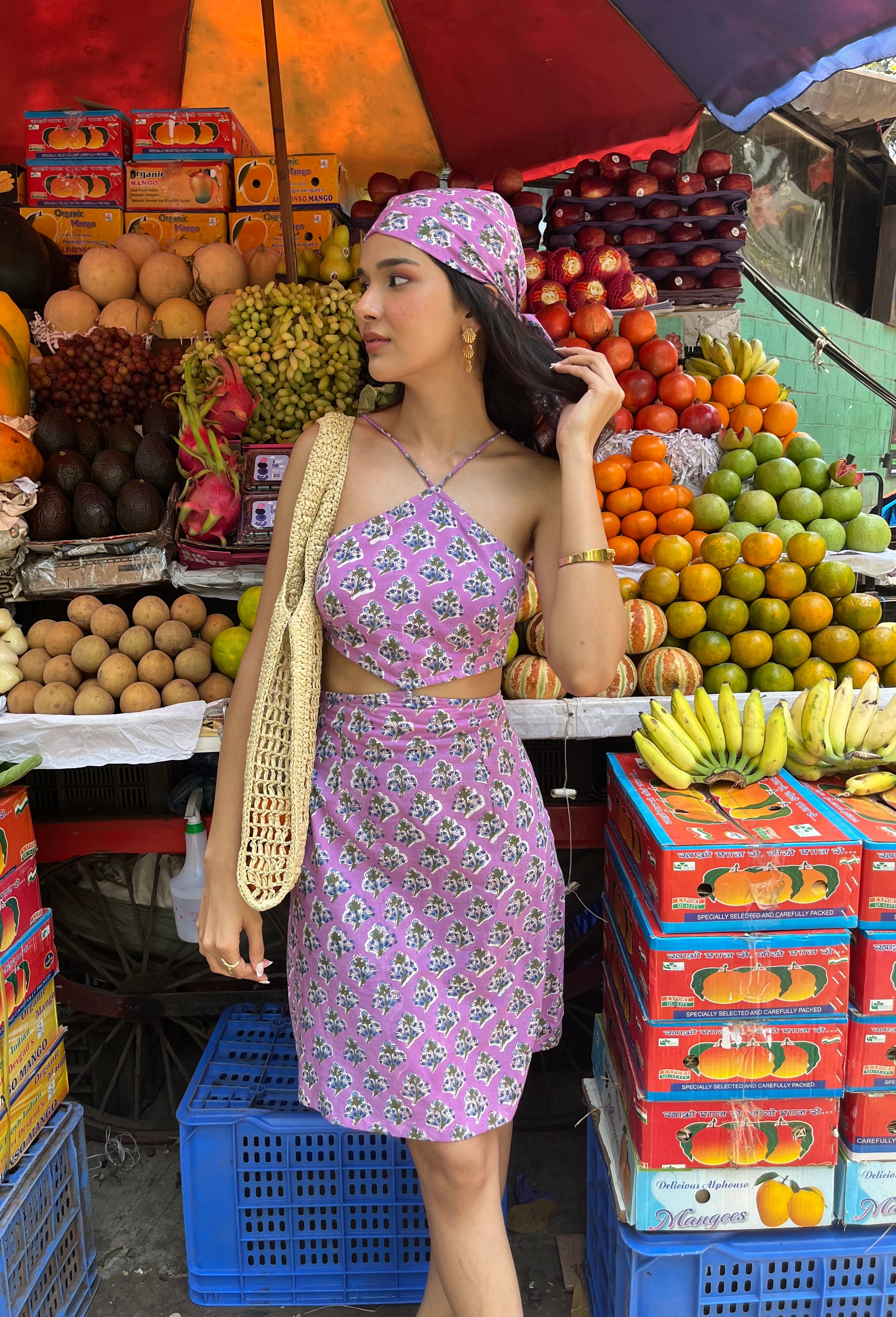 Comfortable Purple Print Cotton Short Dress with Back Tie Spring Summer - 25