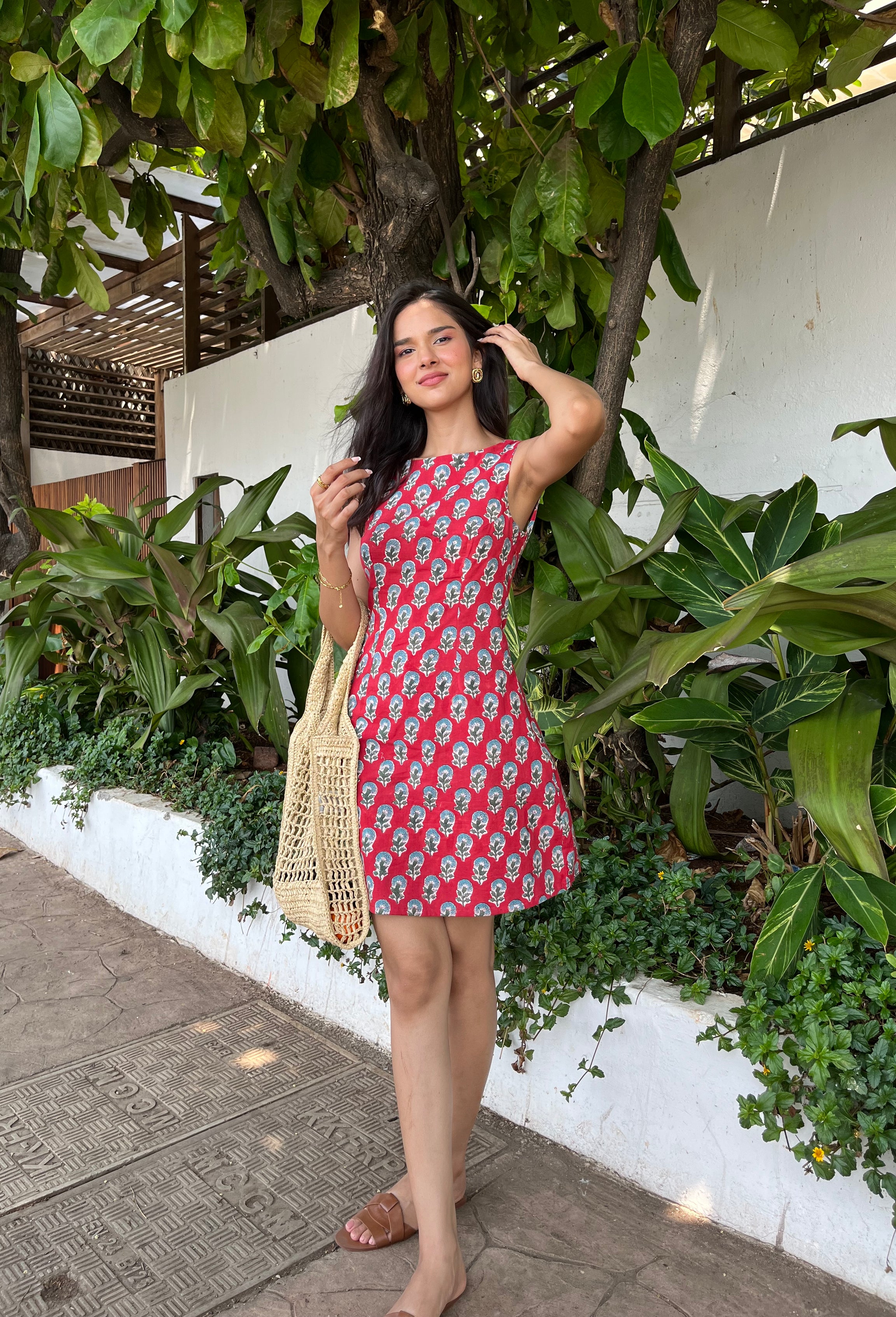 Red Floral Hand Block Printed Sleeveless Dress with Open Back Spring Summer - 25