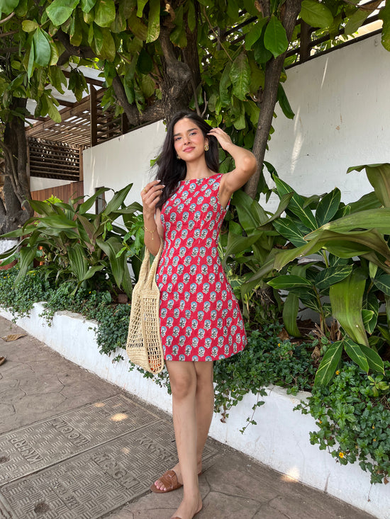 Red Floral Hand Block Printed Sleeveless Dress with Open Back Spring Summer - 25