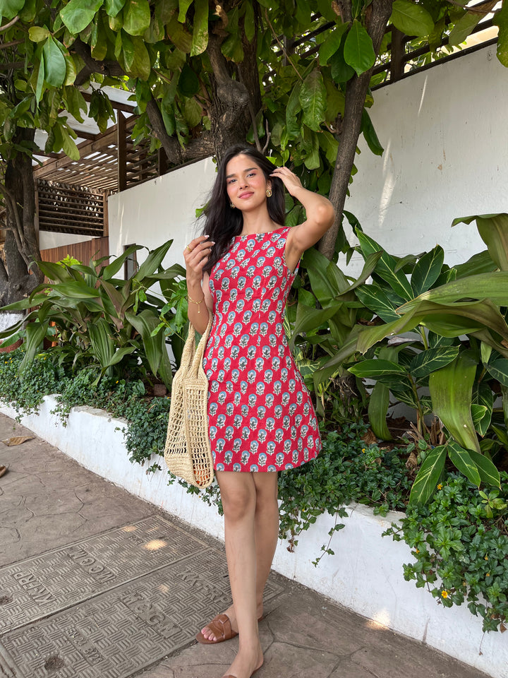 Red Floral Hand Block Printed Sleeveless Dress with Open Back Spring Summer - 25