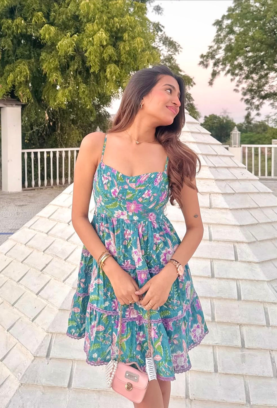 Blue Hand Block Printed Mini dress with Lace RESORT'24