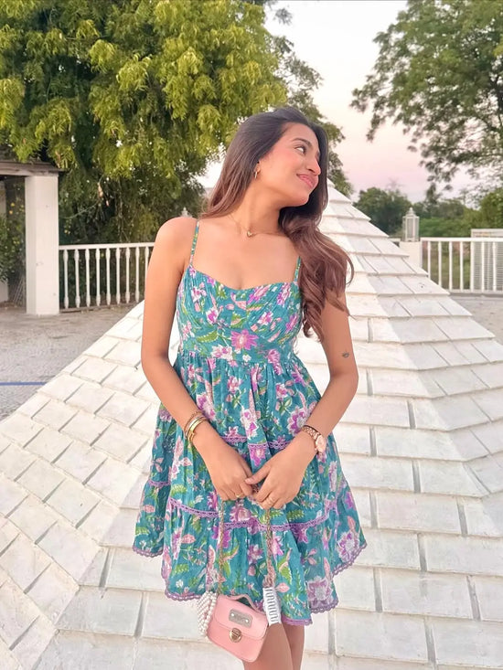 Blue Hand Block Printed short dress with Lace and Back smocking Adjustable Straps RESORT'24