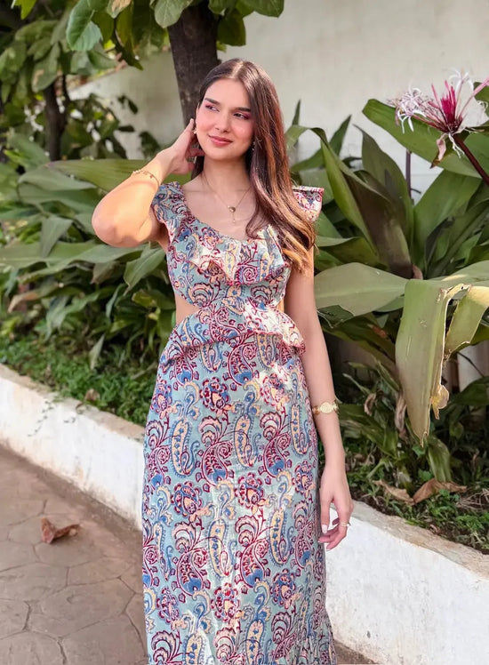 Sky Blue Paisley Cotton Maxi Dress with Waist Cutout & Frill Detailing AMARAA