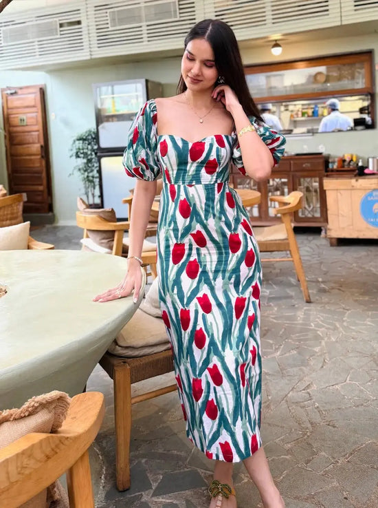 Red & Green Floral Cotton Maxi Dress with Sweetheart Neck & Back Tie Up AMARAA