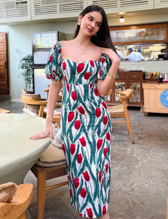 Red & Green Floral Cotton Maxi Dress with Sweetheart Neck & Back Tie Up AMARAA