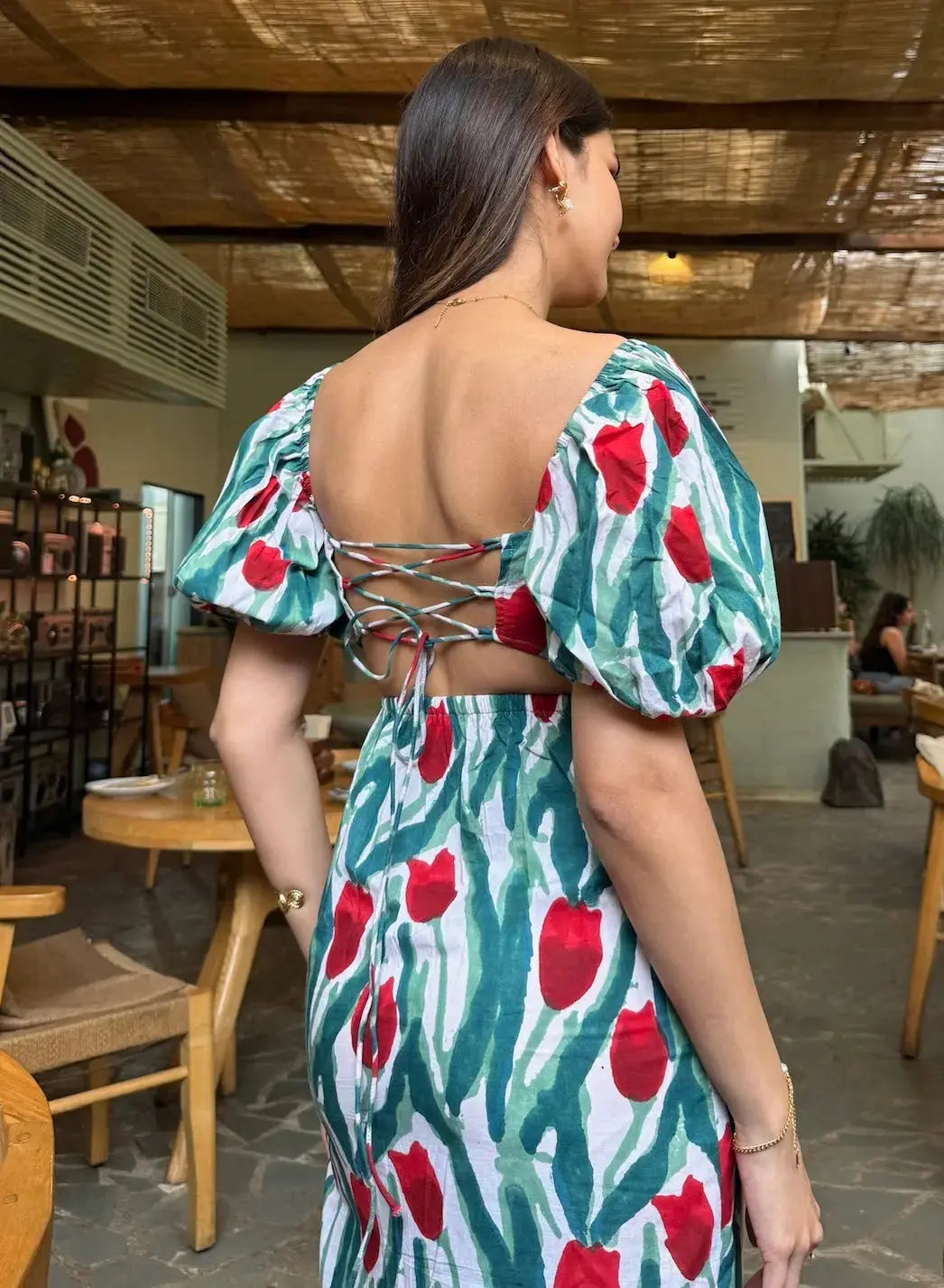 Red & Green Floral Cotton Maxi Dress with Sweetheart Neck & Back Tie Up AMARAA