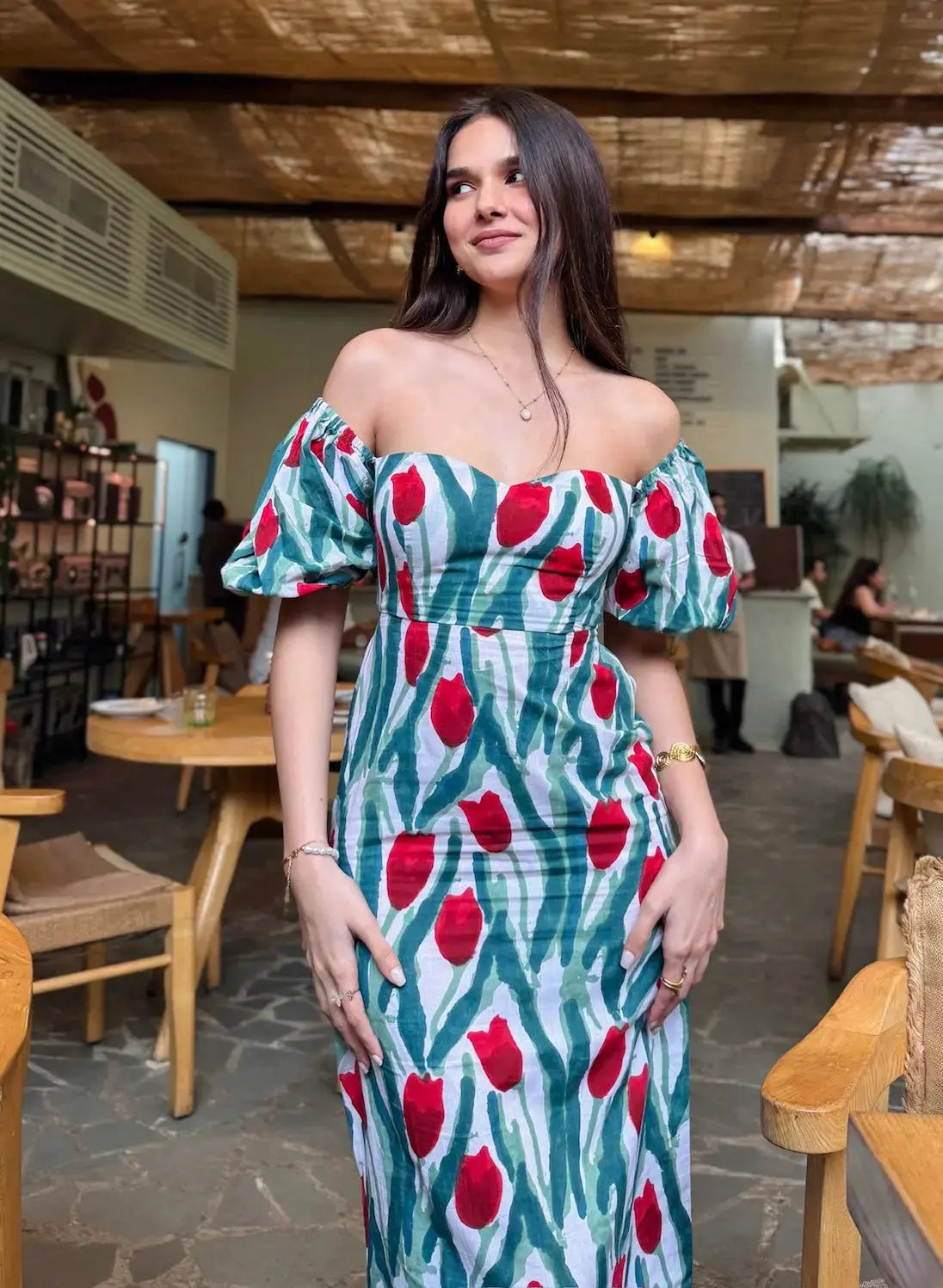 Red & Green Floral Cotton Maxi Dress with Sweetheart Neck & Back Tie Up AMARAA