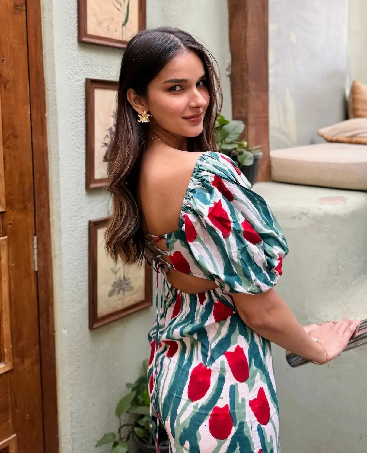 Red & Green Floral Cotton Maxi Dress with Sweetheart Neck & Back Tie Up AMARAA