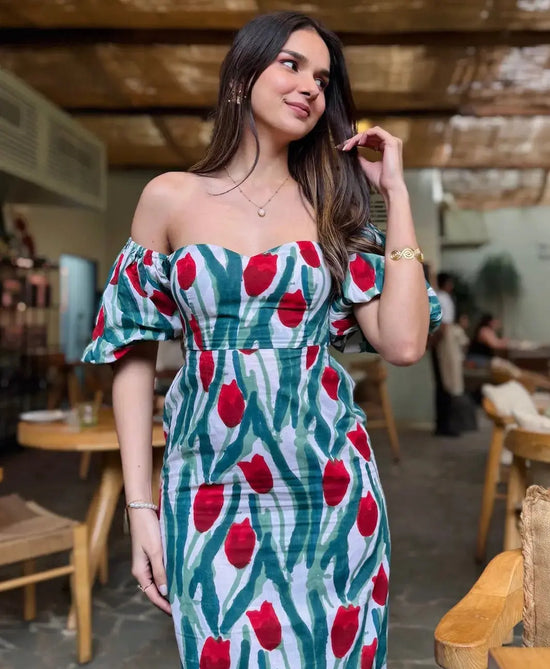 Red & Green Floral Cotton Maxi Dress with Sweetheart Neck & Back Tie Up AMARAA