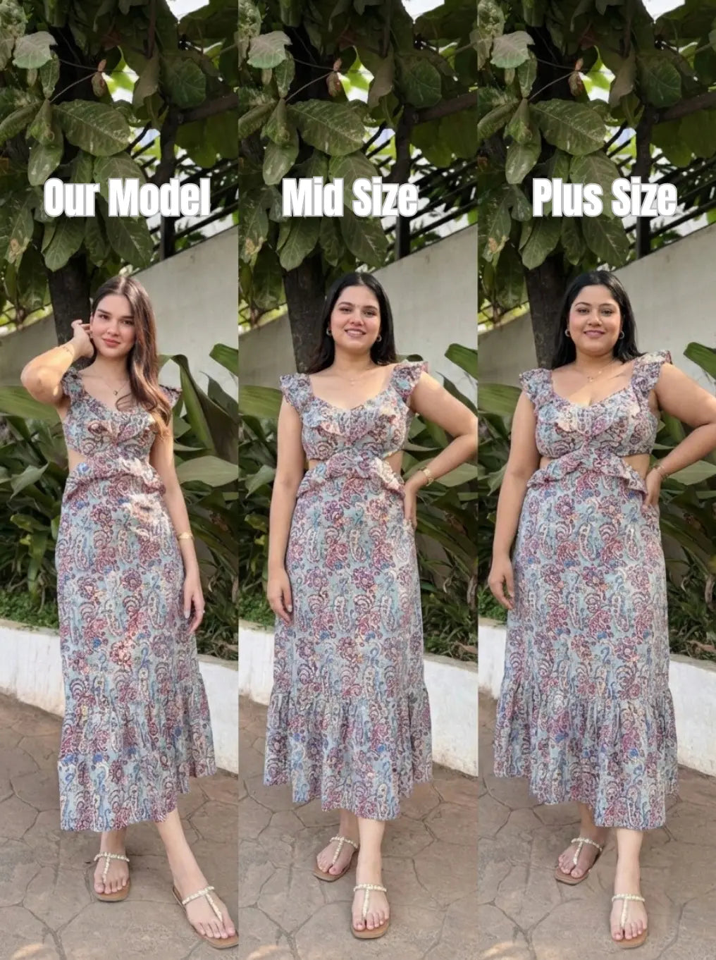 Sky Blue Paisley Cotton Maxi Dress with Waist Cutout & Frill Detailing Spring Summer - 26