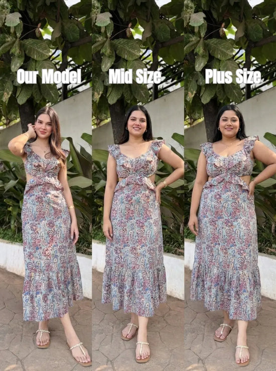 Sky Blue Paisley Cotton Maxi Dress with Waist Cutout & Frill Detailing Spring Summer - 26