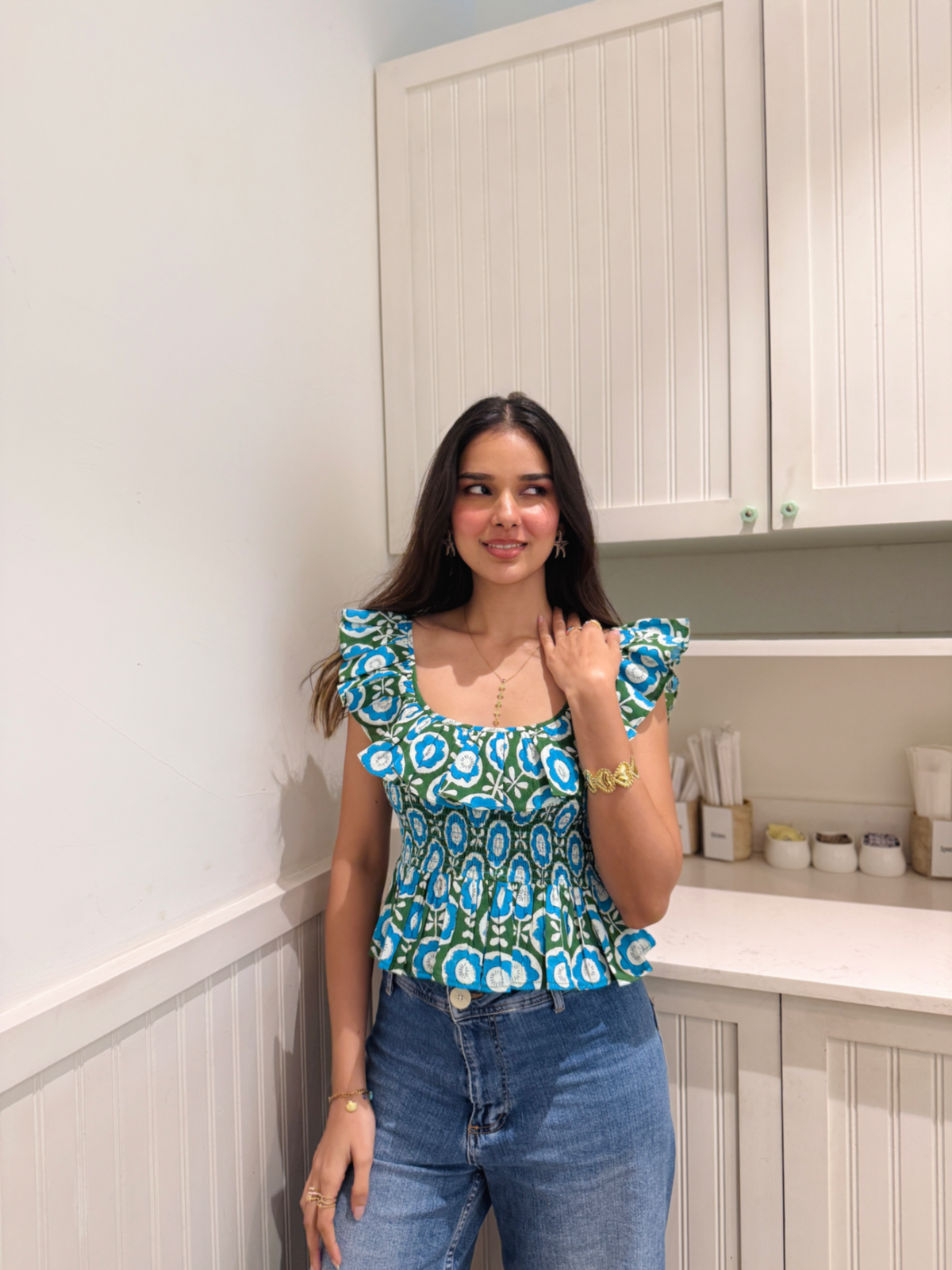 Blue & Green Floral Cotton Top with Frill Detailing