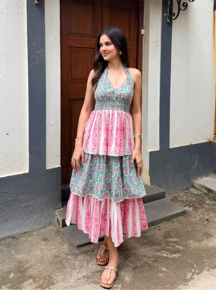Pink & Green Floral Stripe Cotton Maxi Dress with Tie-Up & Back Smocking