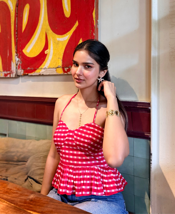 Pink & White Checkered Cotton Halter Top with Tie-Up & Smocking