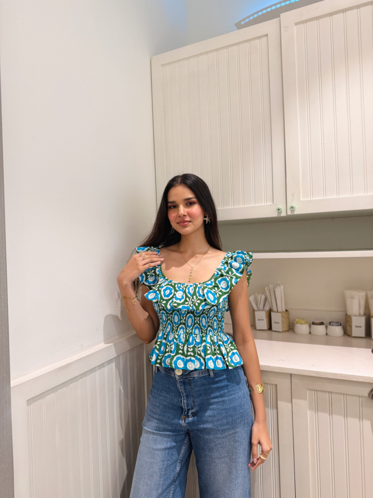 Blue & Green Floral Cotton Top with Frill Detailing
