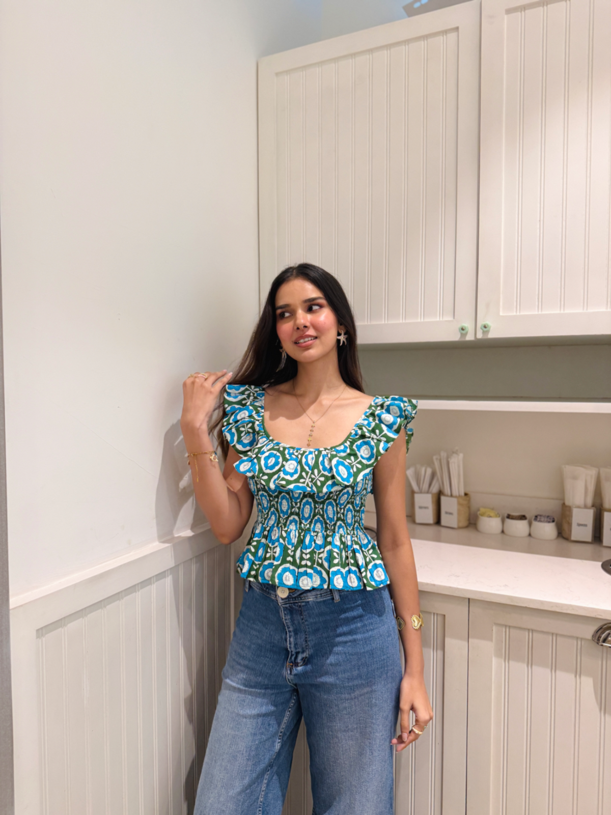 Blue & Green Floral Cotton Top with Frill Detailing