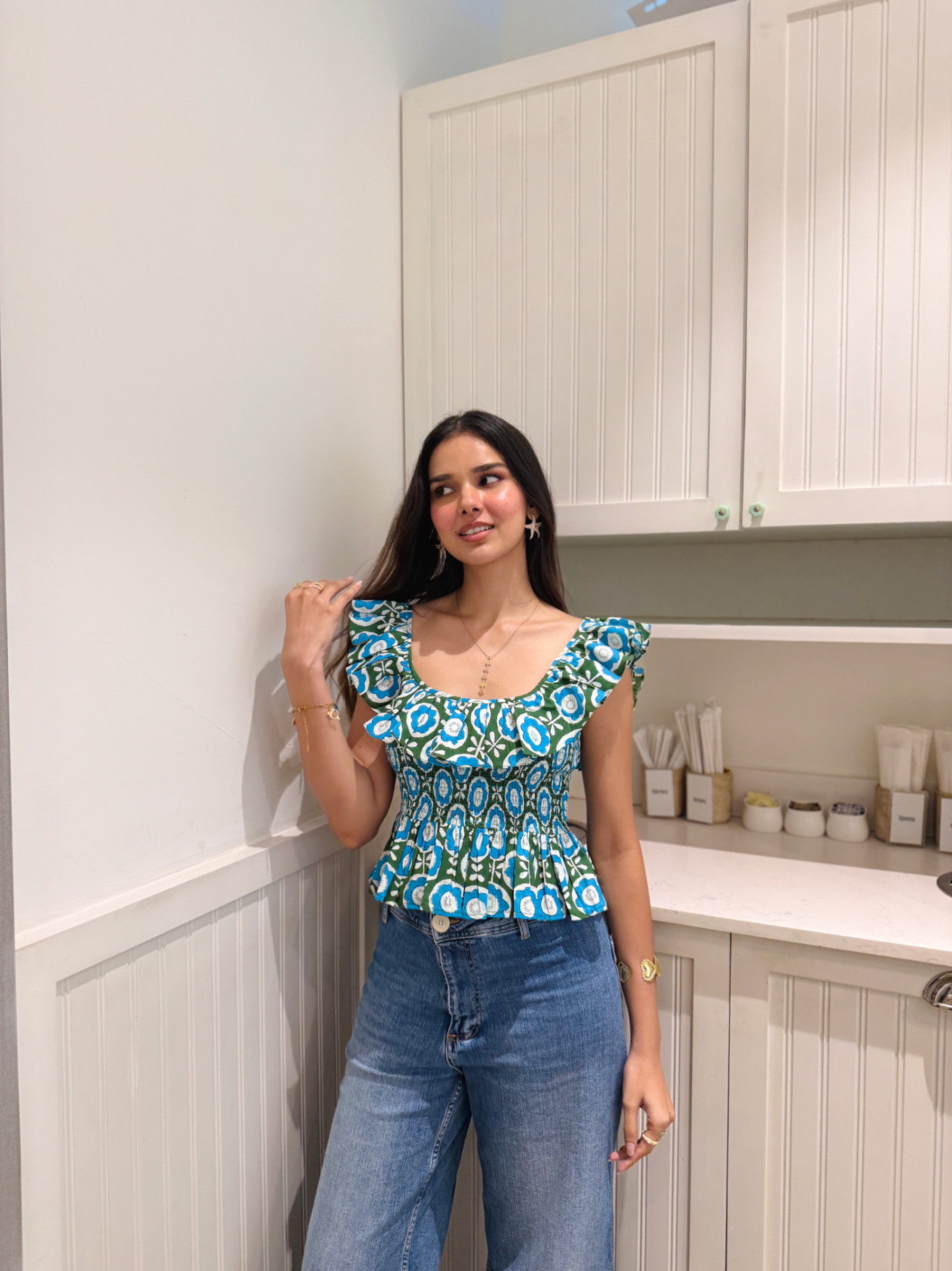 Blue & Green Floral Cotton Top with Frill Detailing