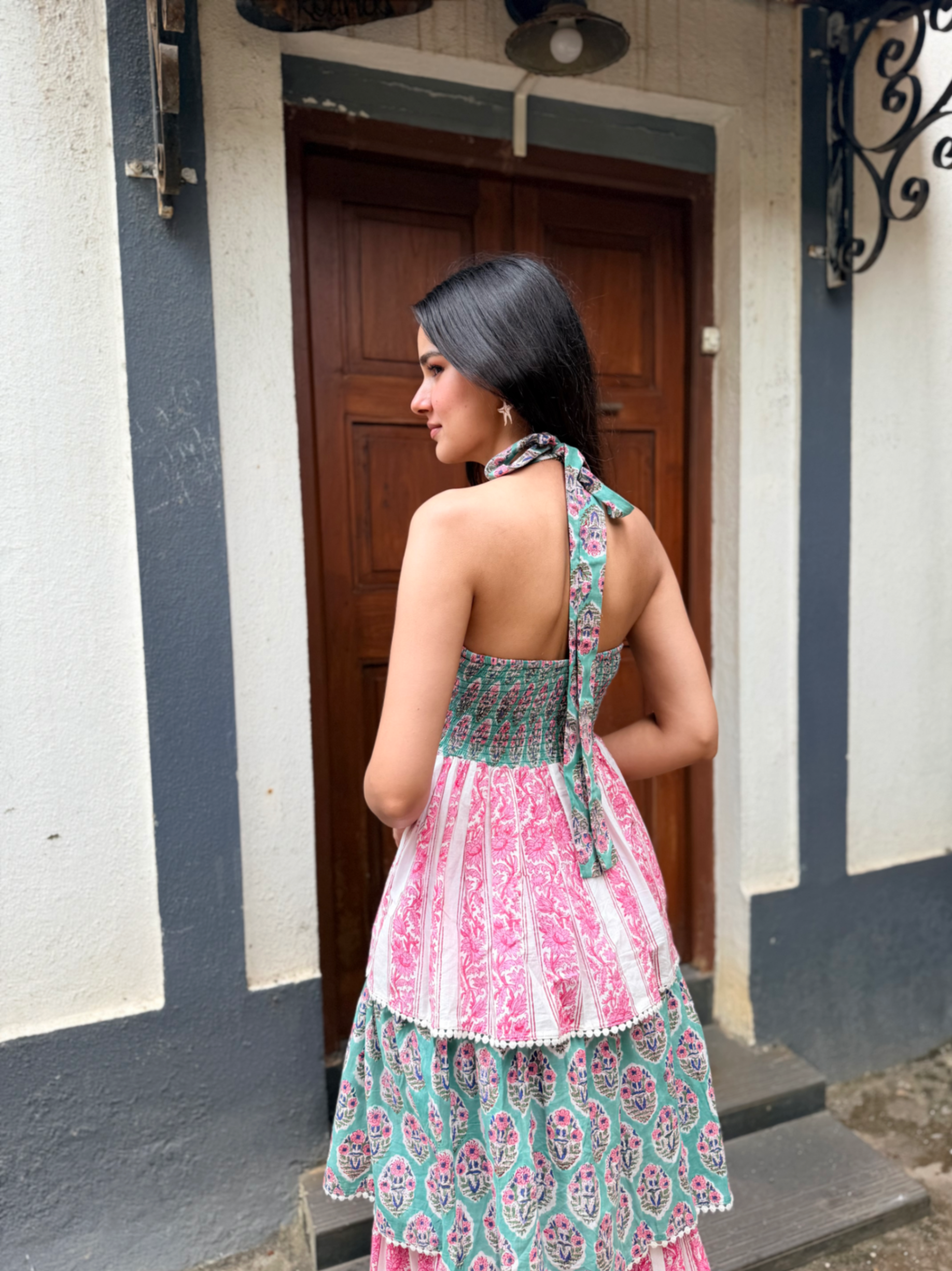 Pink & Green Floral Stripe Cotton Maxi Dress with Tie-Up & Back Smocking