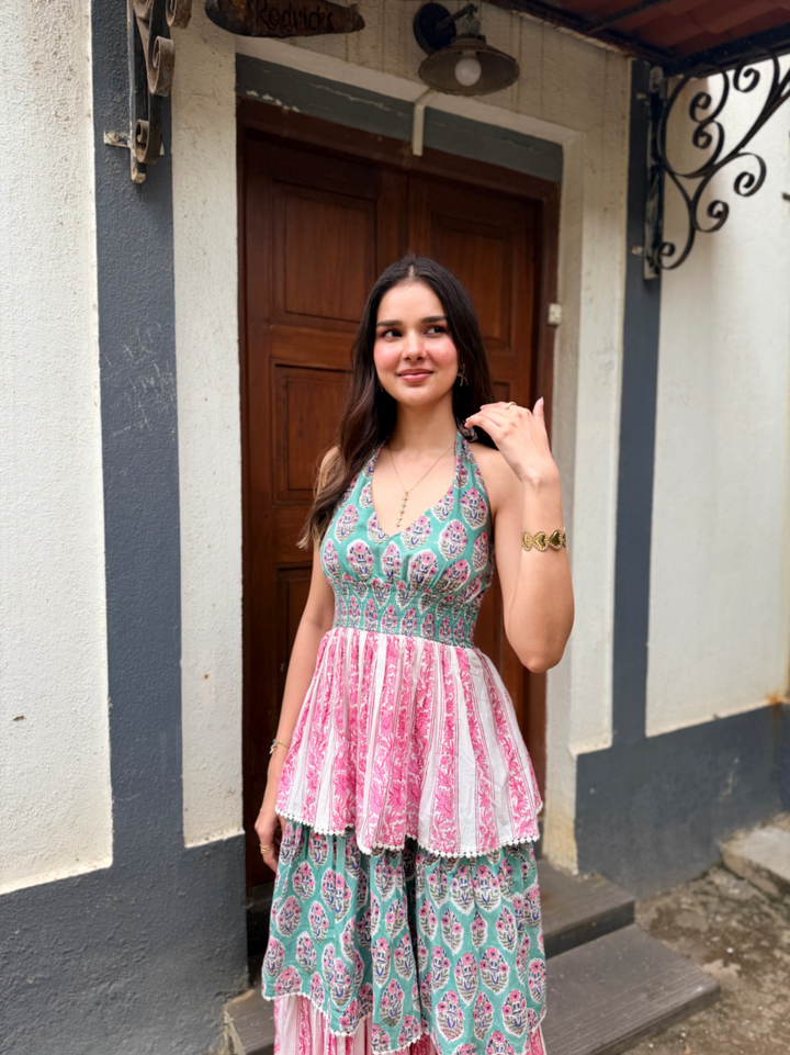 Pink & Green Floral Stripe Cotton Maxi Dress with Tie-Up & Back Smocking