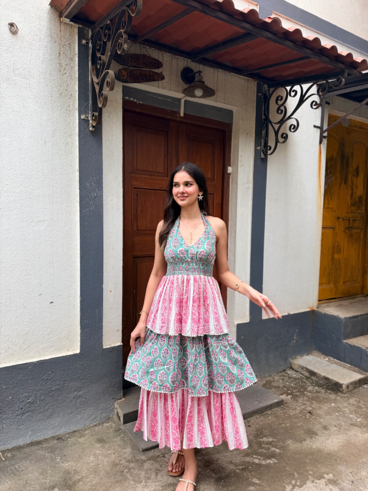 Pink & Green Floral Stripe Cotton Maxi Dress with Tie-Up & Back Smocking