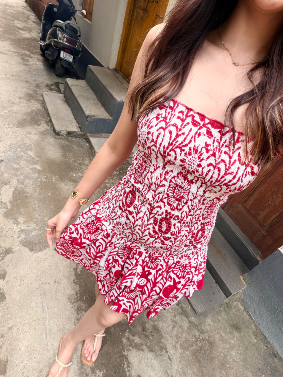 Red & White Floral Cotton Smocked Tiered Tube Dress