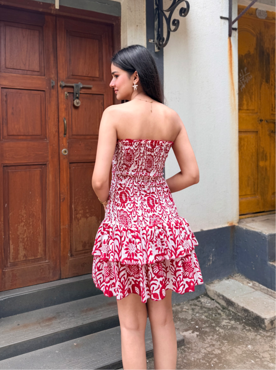 Red & White Floral Cotton Smocked Tiered Tube Dress
