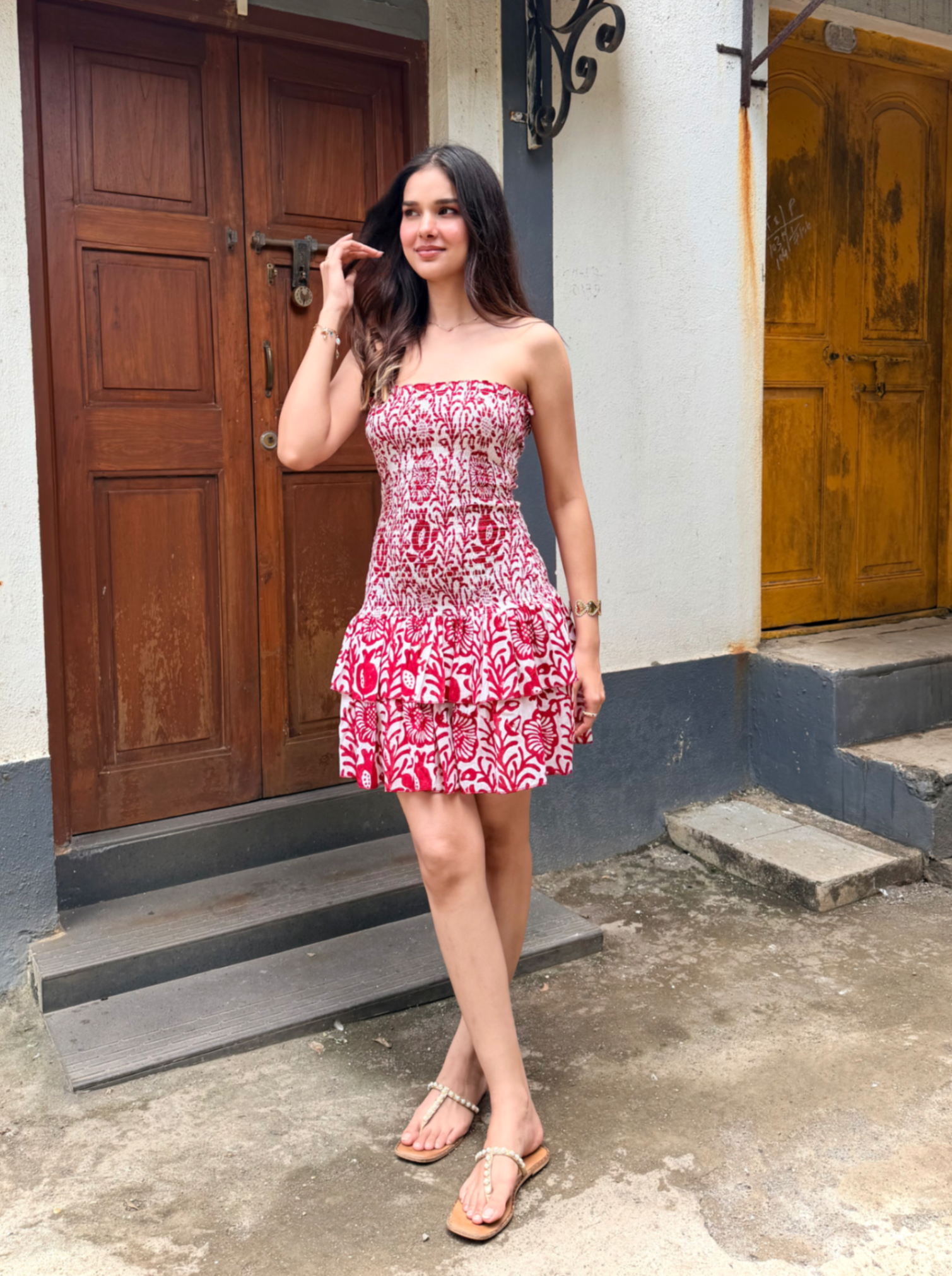Red & White Floral Cotton Smocked Tiered Tube Dress