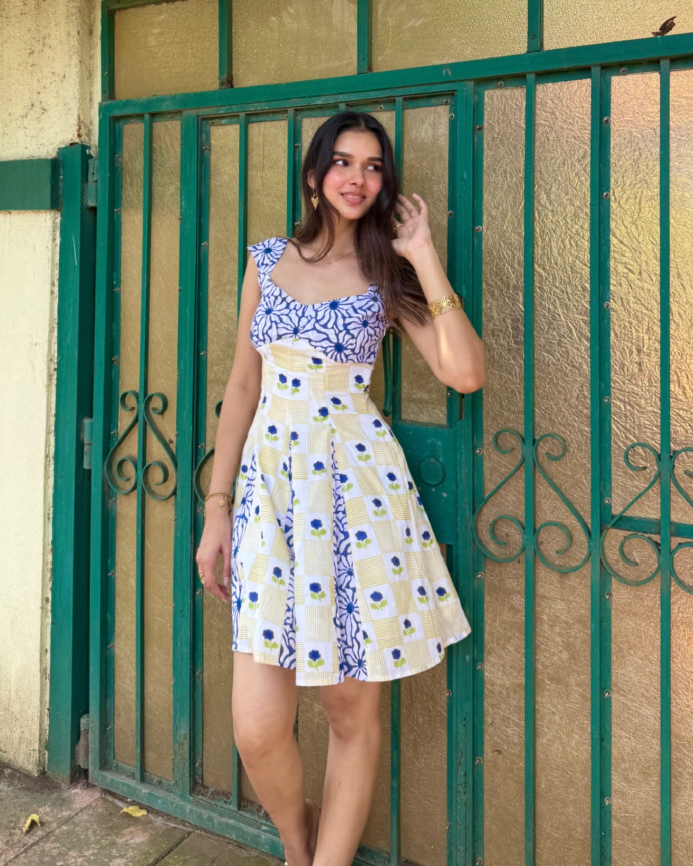 Yellow & Blue Floral Geometric Print Short Dress with Side Zipper
