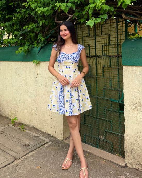Yellow & Blue Floral Geometric Print Short Dress with Side Zipper