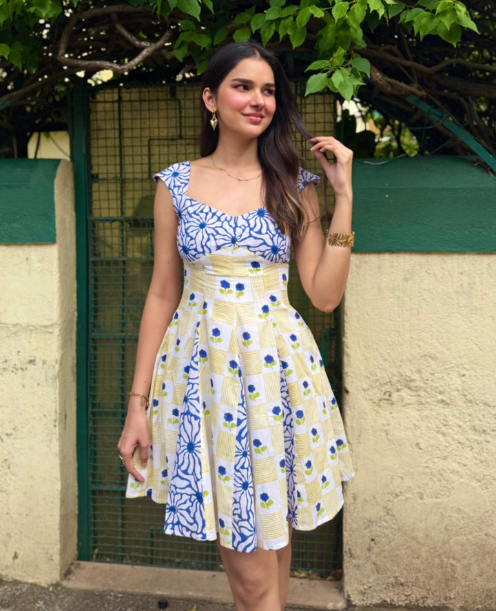 Yellow & Blue Floral Geometric Print Short Dress with Side Zipper