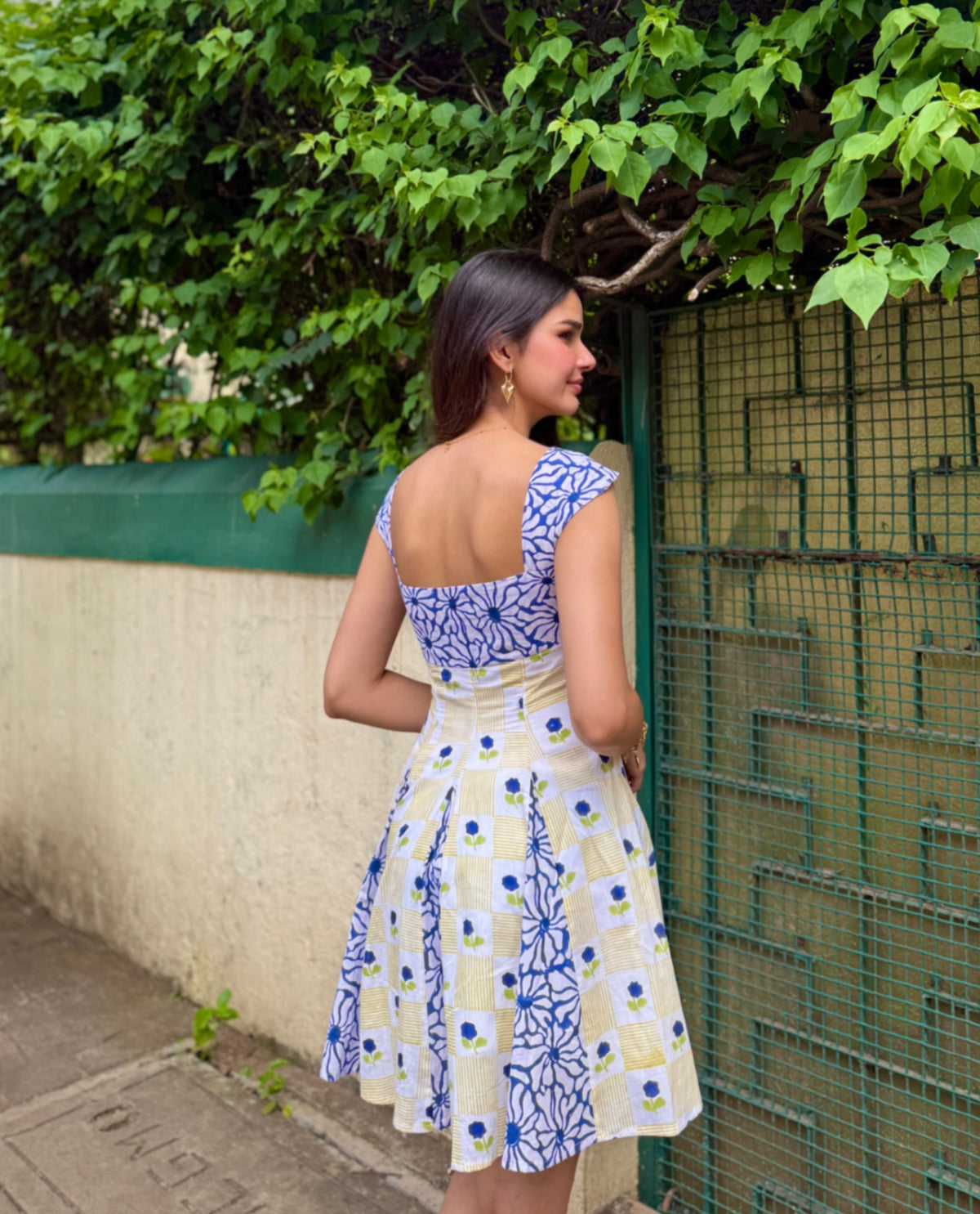 Yellow & Blue Floral Geometric Print Short Dress with Side Zipper