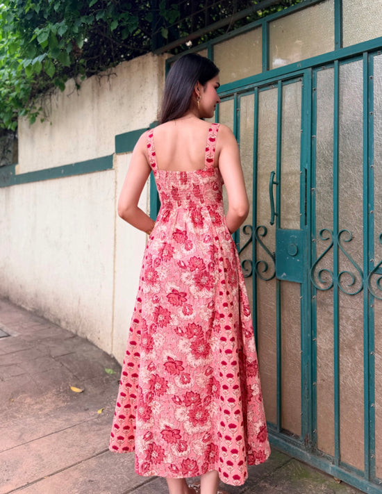 Red & Peach Floral Cotton Maxi Dress with Side Zipper & Back Smocking