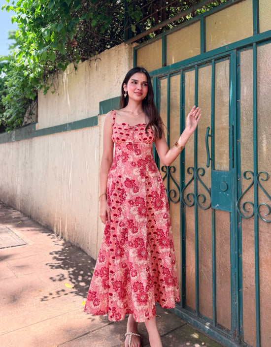 Red & Peach Floral Cotton Maxi Dress with Side Zipper & Back Smocking