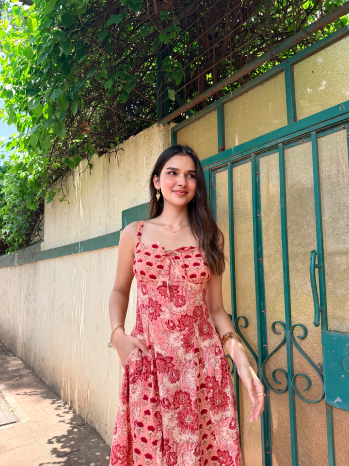 Red & Peach Floral Cotton Maxi Dress with Side Zipper & Back Smocking