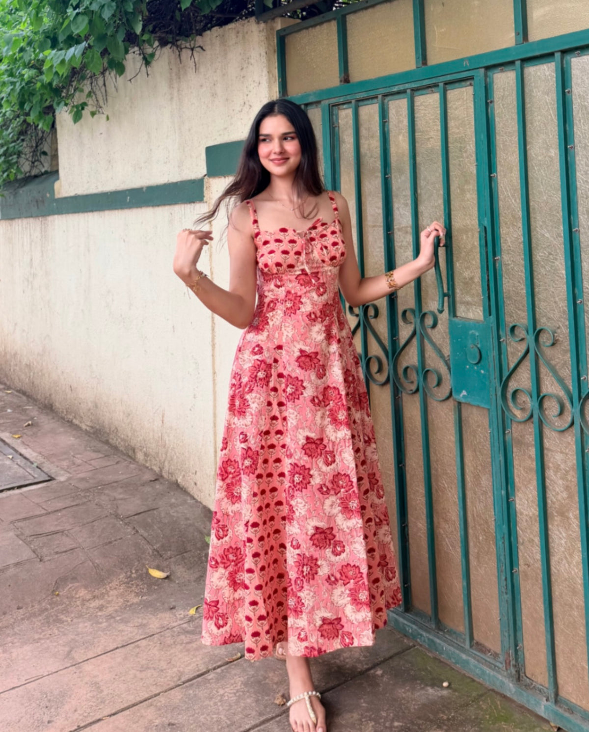 Red & Peach Floral Cotton Maxi Dress with Side Zipper & Back Smocking