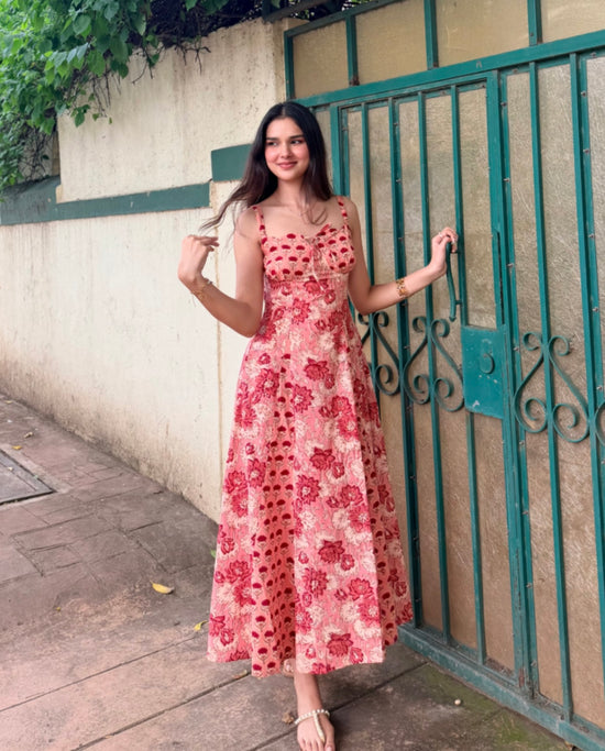 Red & Peach Floral Cotton Maxi Dress with Side Zipper & Back Smocking
