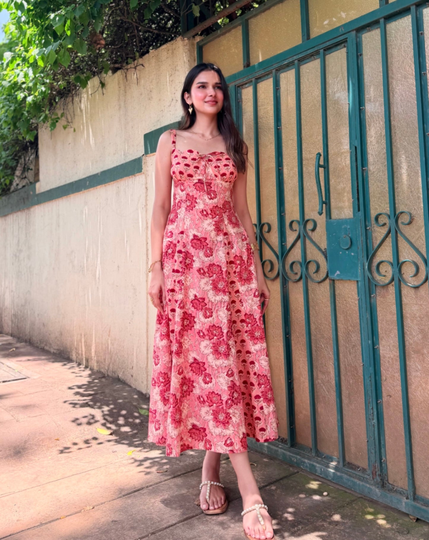 Red & Peach Floral Cotton Maxi Dress with Side Zipper & Back Smocking
