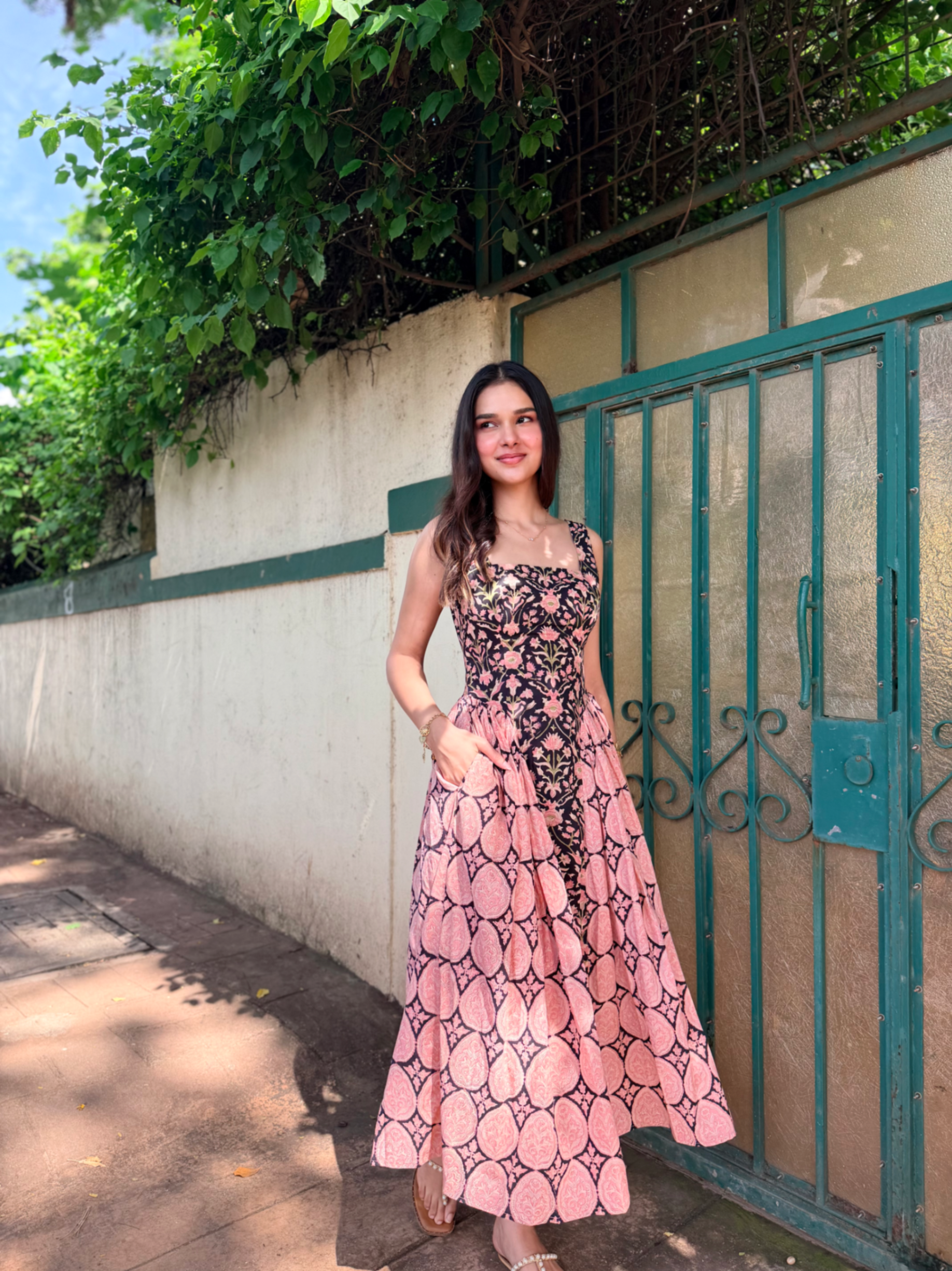 Black & Pink Floral Cotton Maxi Dress with Back Tie-Up & Side Zipper