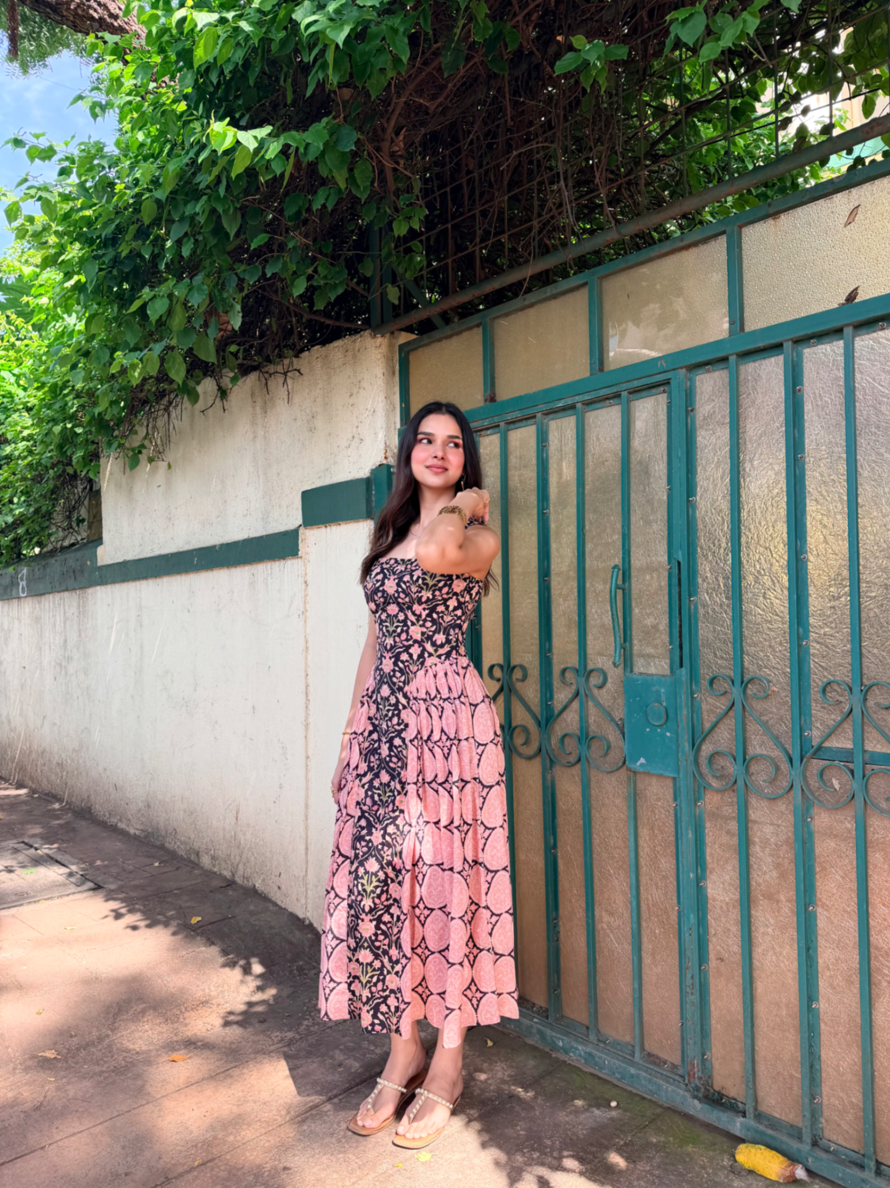 Black & Pink Floral Cotton Maxi Dress with Back Tie-Up & Side Zipper